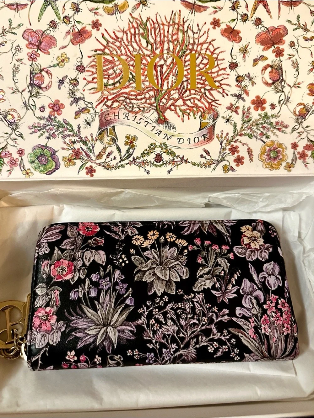 Dior Calfskin Millefiori Printed Lady Dior Zip Wallet Floral Black